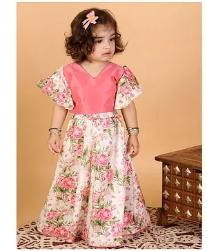 VASTRAMAY SISHU Frill Sleeves Floral Printed Ruffled Crop Top And Skirt -  Pink & Cream