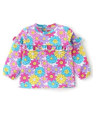 Babyhug Cotton Knit Full Sleeves Tee  & Frill Detailing Floral Print- Pink Purple & Blue