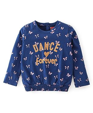 Babyhug Cotton Knit Full Sleeves T-Shirt Bow Foil Printed & Smock Detailing - Navy Blue