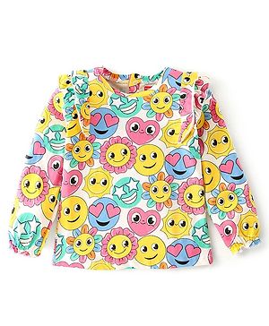 Babyhug 100% Cotton Knit Full Sleeves Top With Frill Detailing Emoji Print - Off White