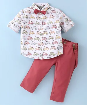Toffy House Full Sleeves Printed Shirt and Bottom Set 100% Cotton with Bow & Suspender - Navy Red & White