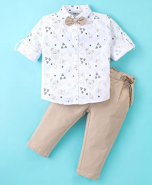 ToffyHouse 100% Cotton Woven Full Sleeves Printed Shirt and Cotton Twill Trousers Set with Bow & Suspender - Khaki (Bow & Suspender color may vary)