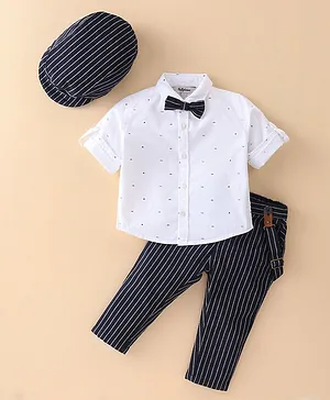 ToffyHouse 100% Cotton Full Sleeves Printed Shirt with Striped Trousers & Cap - Navy Blue & White