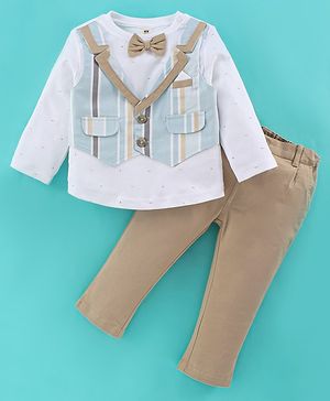 ToffyHouse Full Sleeves Party Suit with Bow Striped - Brown & White