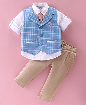 ToffyHouse 100% Cotton Full Sleeves Checkered 3 Piece Party Suit with Tie - Khaki & White