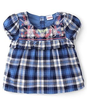 Babyhug Rayon Half Sleeves Top Checkered with Floral Embroidery - Blue