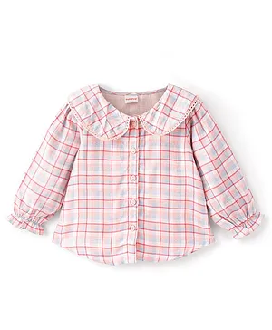 Babyhug Rayon Woven Full Sleeves Checked Top with Peter Pan Collar and Lace Detailing - Peach