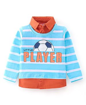 Babyhug 100% Cotton Knit Full Sleeves Overlapped T-Shirt with Stripes & Text Graphics - Orange & Blue