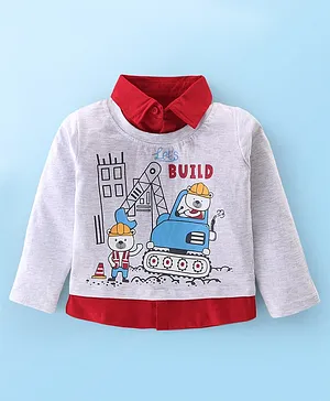 Babyhug 100% Cotton Knit Full Sleeves T-Shirt with Bear Graphics - White Melange & Red