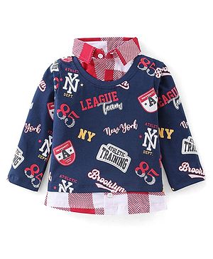 Babyhug 100% Cotton Knit Full Sleeves Overlapped T-Shirt with Text Graphics - Navy Blue