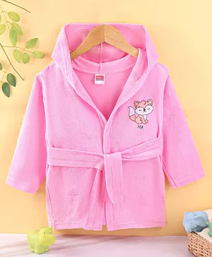 Babyhug Cotton Knit Full Sleeves Hooded Bath Robe with Kitty Applique - Pink