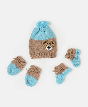 The Original Knit   Handmade Teddy Embroidered  Cap With Socks & Mittens - Blue & Beige