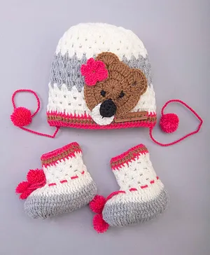 The Original Knit Unisex Bear Face Crochet Embroidered With Booties - Pink & Grey
