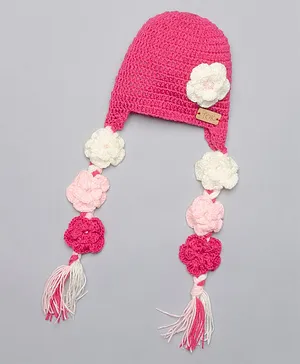 The Original Knit Handmade Flower Crotchet Embroidered    Braided Cap - Pink & Off White