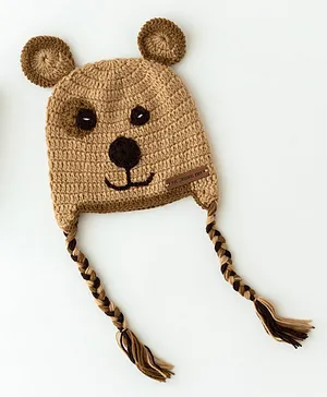 The Original Knit Handmade Teddy Embroidered Cap -Beige & Brown
