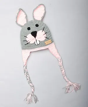 The Original Knit Handmade Bunny Face Detailed Unisex Cap - Grey & Baby Pink