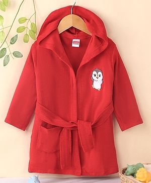Babyhug Cotton Knit Full Sleeves Hooded Bath Robe Penguin Design - Red