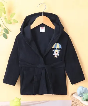 Babyhug Cotton Knit Full Sleeves Hooded Bath Robe Bear Embroidery - Navy Blue