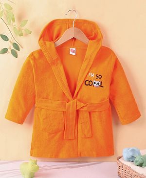 Babyhug Cotton Knit Full Sleeves Hooded Bath Robe Text Embroidery - Orange