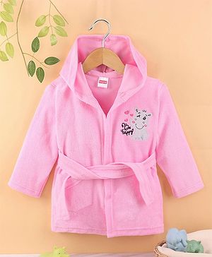 Babyhug Cotton Full Sleeves Bath Robe with Hood and Cow Embroidery - Pink