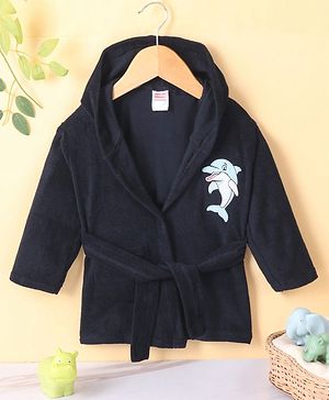 Babyhug Cotton Knit Full Sleeves Hooded Bath Robe Dolphin Patch - Navy Blue