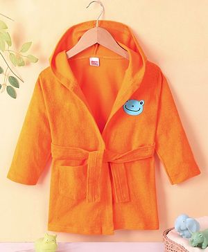 Babyhug Cotton Knit Full Sleeves Hooded Bath Robe Frog Patch - Orange