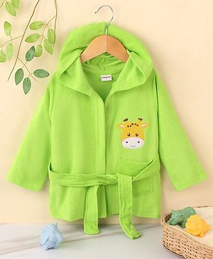 Babyhug Cotton Knit Full Sleeves Hooded Bath Robe Giraffe Embroidery - Green