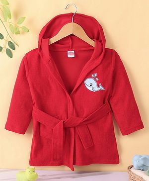 Babyhug Cotton Knit Full Sleeves Hooded Bath Robe Whale Patch -Red
