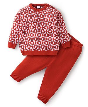 Babyhug Knit Full Sleeves Baby Sweater Set Argyle Design - Orange
