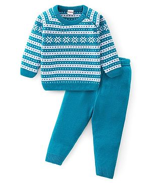Babyhug Knitted Full Sleeves Anastasia Design Sweater Set - Aqua Blue Babyhug Knitted Full Sleeves Anastasia Design Sweater Set - Aqua Blue