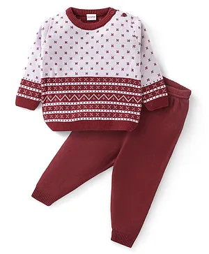 Babyhug Knitted Full Sleeves Sweater Set Floral Design - Red & White
