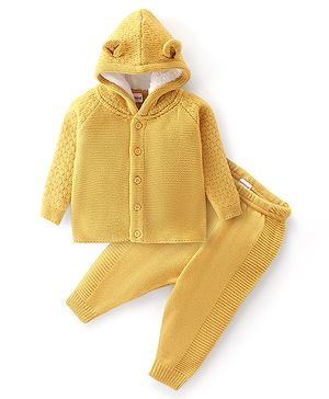 Babyhug Knitted Full Sleeves Solid Front Open Hooded Sweater & Pajama Set - Yellow
