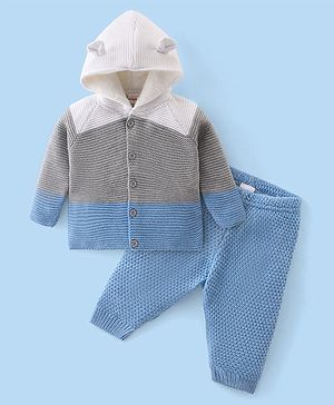 Babyhug Knit Full Sleeves Color Block Hooded Sweater Set - Grey & Blue