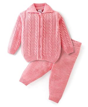 Babyhug Knitted Full Sleeves Sweater Set with Cable Knit Design - Pink Babyhug Knitted Full Sleeves Sweater Set with Cable Knit Design - Pink