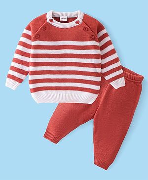 Babyhug Knitted Full Sleeves Sweater Set with Stripe Design - White & Red