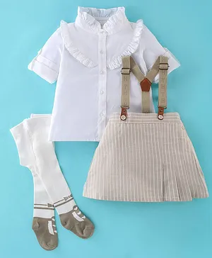 ToffyHouse 100% Woven Cotton Full Sleeves Top & Skirt Set with Suspender & Stockings - White & Khaki