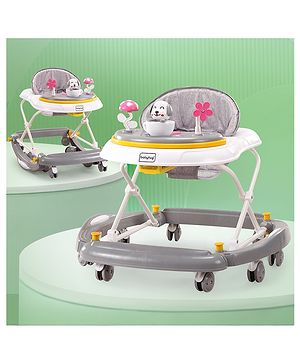 Babyhug Puppy 2 in 1 Walker Cum Rocker with 3 Adjustable Height & Musical Play Tray With Light - Grey| Soft Cushion Seat| Smooth Swivel Wheels| Removable Toy Tray| Compact Fold