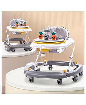 Babyhug Bunny 2 In 1 Walker Cum Rocker With 3 Adjustable Height & Musical Play Tray With Lights-Grey| Cushion Seat| Smooth Swivel Wheels| Foldable