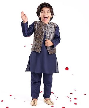 Babyhug 100% Cotton Woven Full Sleeves Kurta & Pyjama Set With Brocade Jacket Floral Print - Navy Blue