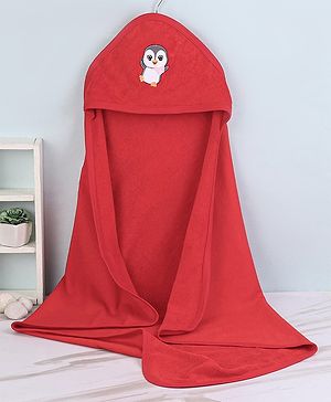 Babyhug Cotton Knit Hooded Bath Towel Penguin Embroidery L 80 x B 70 cm - Red