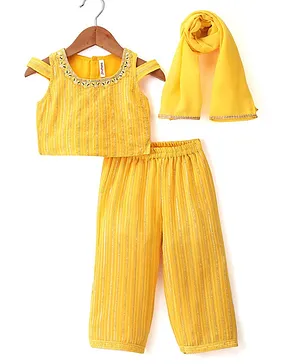 Babyhug Woven Sleeveless Sequin Embroidered Top & Pant Set with Dupatta- Yellow