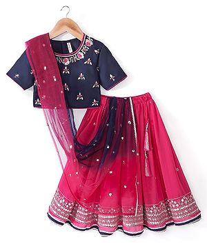 Babyhug Cotton Three Fourth Sleeve Choli With Abla Work Lehenga And Dupatta - Fuschia & Navy Blue
