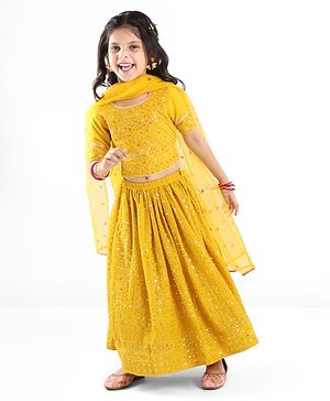 Babyhug Woven Three Fourth Lehenga Choli And Dupatta Floral Embroidery & Sequine Detailing - Yellow