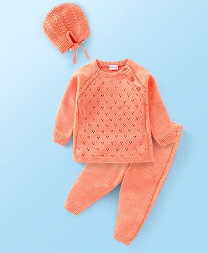 Babyhug Full Sleeves Sweater & Pajama Set with Knitted Design - Orange Babyhug Full Sleeves Sweater & Pajama Set with Knitted Design - Orange