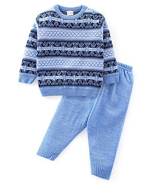 Babyhug Knitted Full Sleeves Sweater Set With Ikat Print - Blue Babyhug Knitted Full Sleeves Sweater Set With Ikat Print - Blue