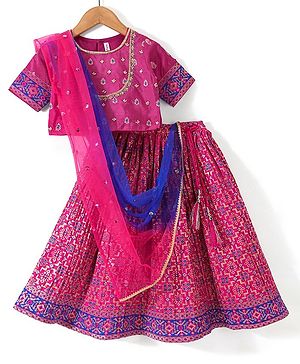 Babyhug Three Fourth Sleeves  Embroidered Choli with Banarsi Brocade Lehenga and Dupatta - Fuschia