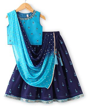 Babyhug Sleeveless Lehenga Choli & Dupatta Set with Floral Embroidery - Navy Blue