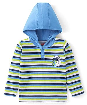Babyhug Cotton Knit Full Sleeves Striped Hooded T-Shirt - Lime Green & Navy Blue
