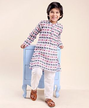 Babyhug 100% Cambric Full Sleeve Camel Printed Kurta With Solid Pyjama Set - White