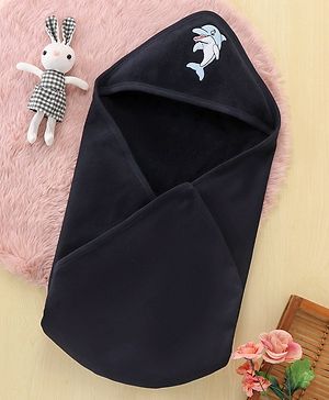 Babyhug Cotton Terry Knit Towel with Hood Dolphin Applique L 76.2 x B 76.2 cm - Navy Blue